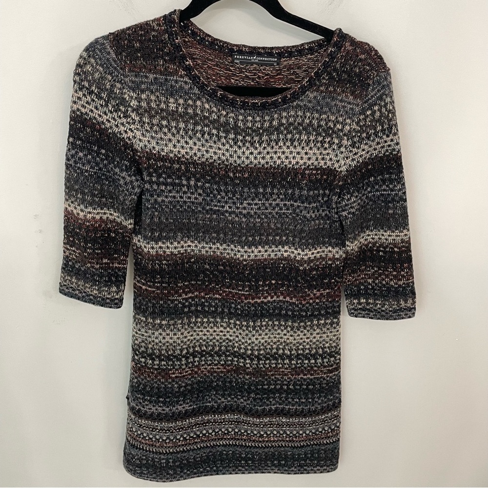 Peruvian Connection Striped Marled Crewneck in Gray, Brown and Cream
